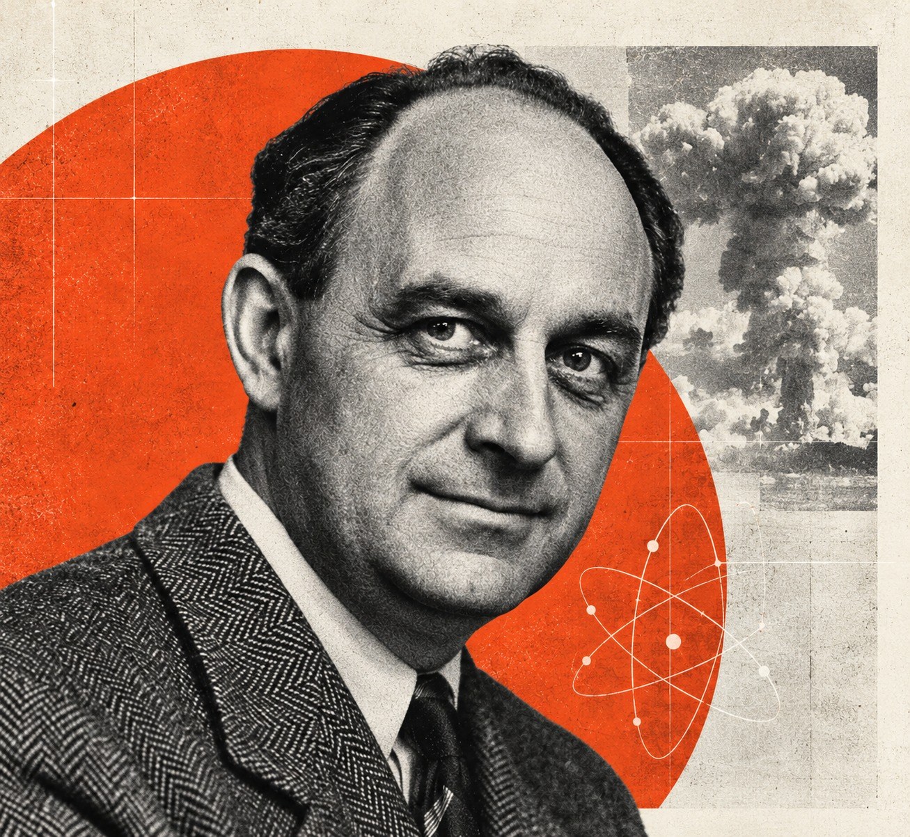 Editorial collage of Enrico Fermi with atomic and Trinity test imagery